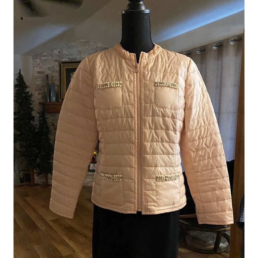 CHICO'S Quilted Beaded Rhinestone Paris Pink Lightweight Full Zip Jacket Size S